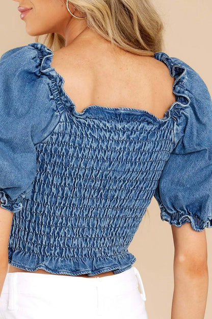 Puff Sleeve Smocked Cropped Denim Top back view — Livostyle