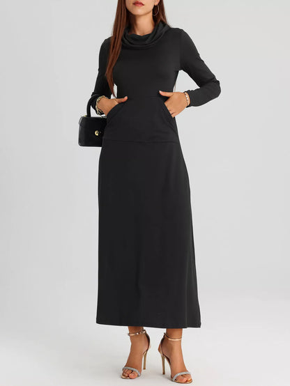 Cowl Neck Long Sleeve Midi Dress with Pockets in Black
