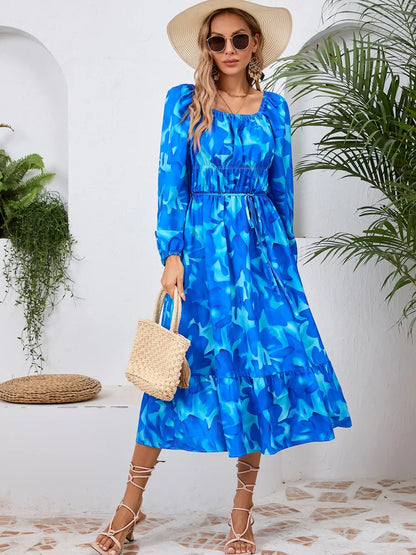 Printed Long Sleeve Midi Dress with Tie Detail in Blue