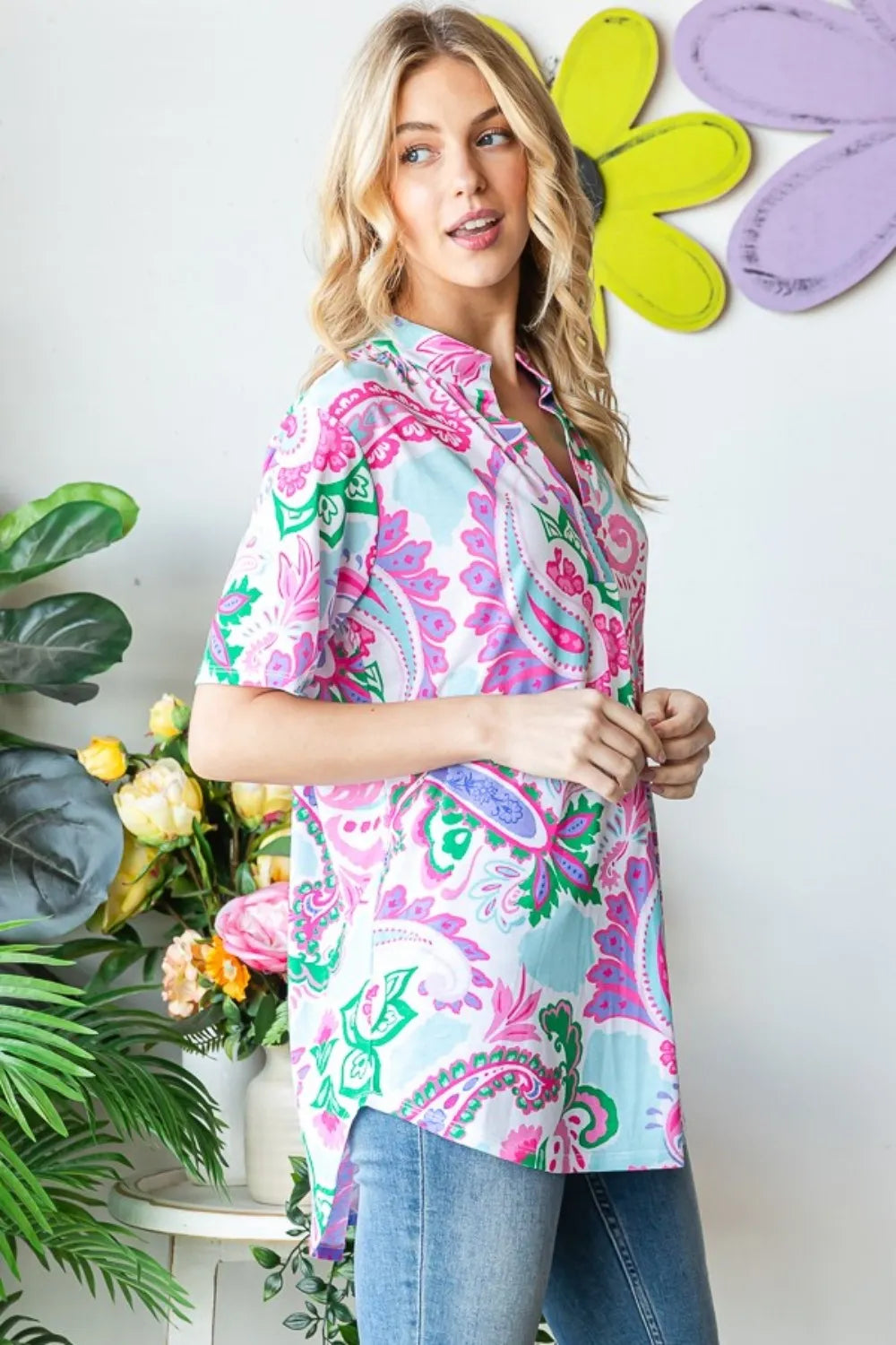 Full Size Paisley Print Short Sleeve Top back view — Livostyle