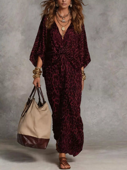 Leopard Print V-Neck Maxi Dress with Twist Detail in Deep Red