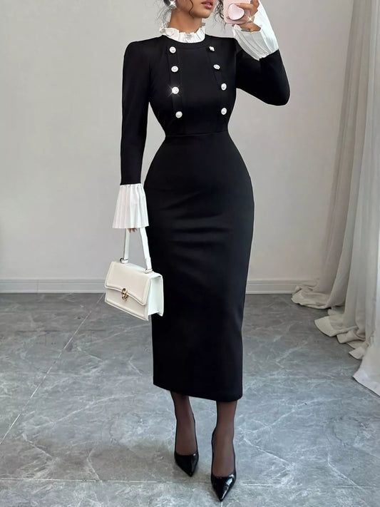 Two Tone Frill Long Sleeve Midi Dress with Buttons