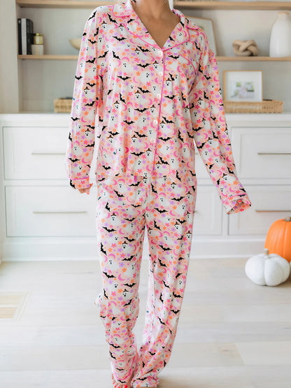 Halloween Ghost Print Button Up Top and Pants Lounge Set — Livostyle