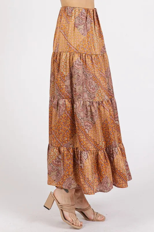 Paisley Patchwork Print Satin Maxi Skirt detail — Livostyle