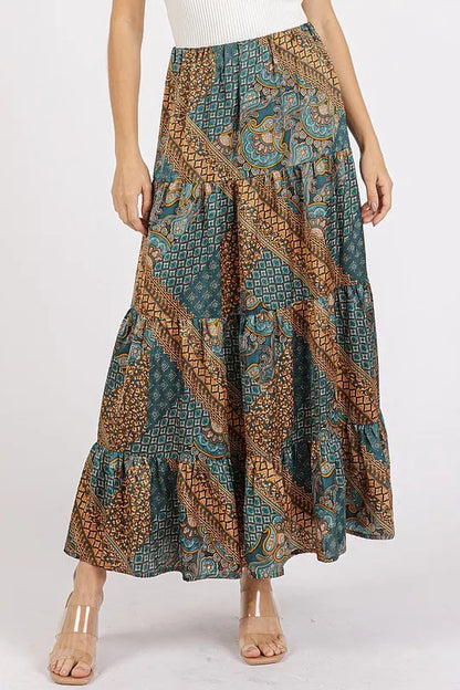 Paisley Patchwork Print Satin Maxi Skirt in Teal Green