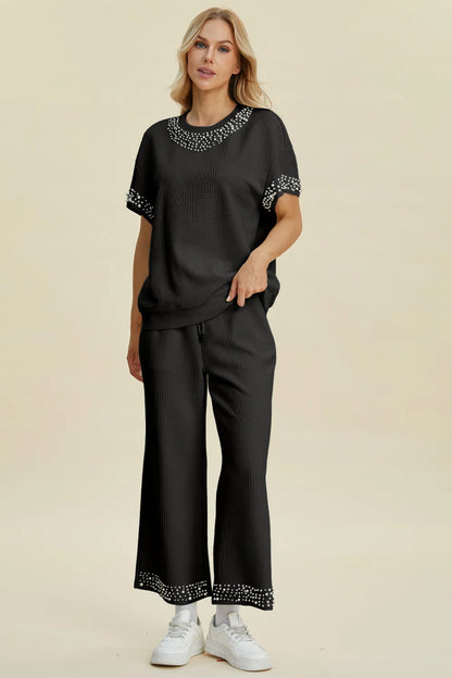 Pearl Detail Round Neck Top and Pants Set — Livostyle