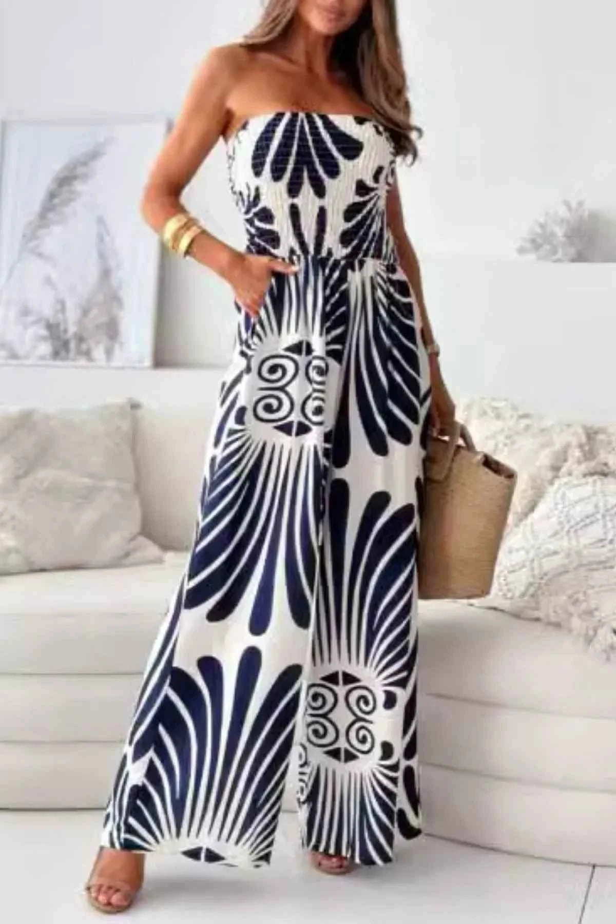 Printed Smocked Tube Wide Leg Jumpsuit