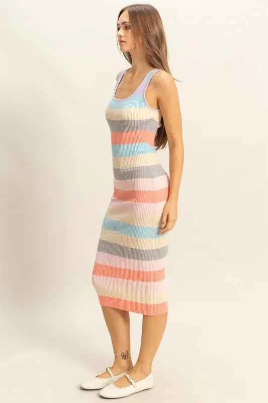 HYFVE Contrast Striped Scoop Neck Wide Strap Knit Dress