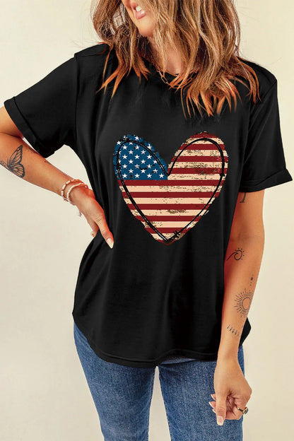 Stars and Stripes Heart Round Neck Short Sleeve T-Shirt detail — Livostyle