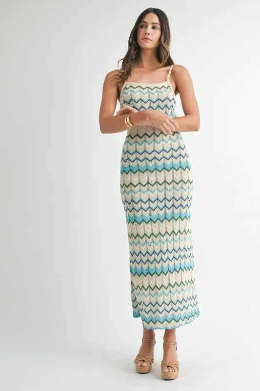 MABLE Lightweight Pointelle Chevron Knit Maxi Dress
