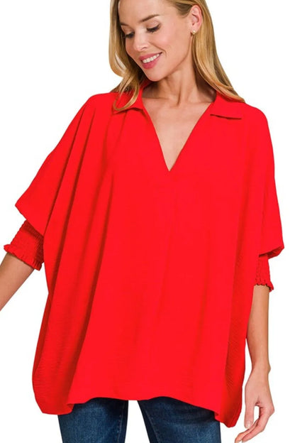 Airflow Collar Tee with Smocked Sleeve Band Top — Livostyle