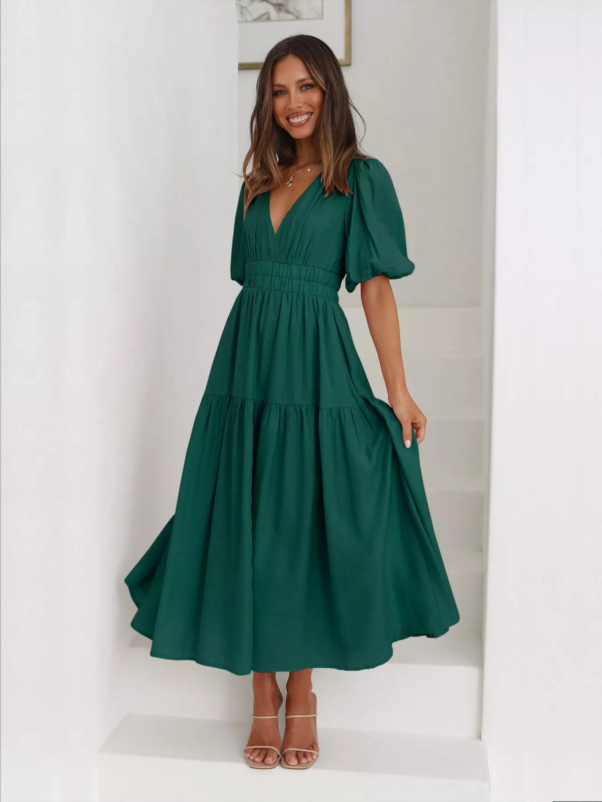 Tiered Puff Sleeve Midi Dress in Dark Green