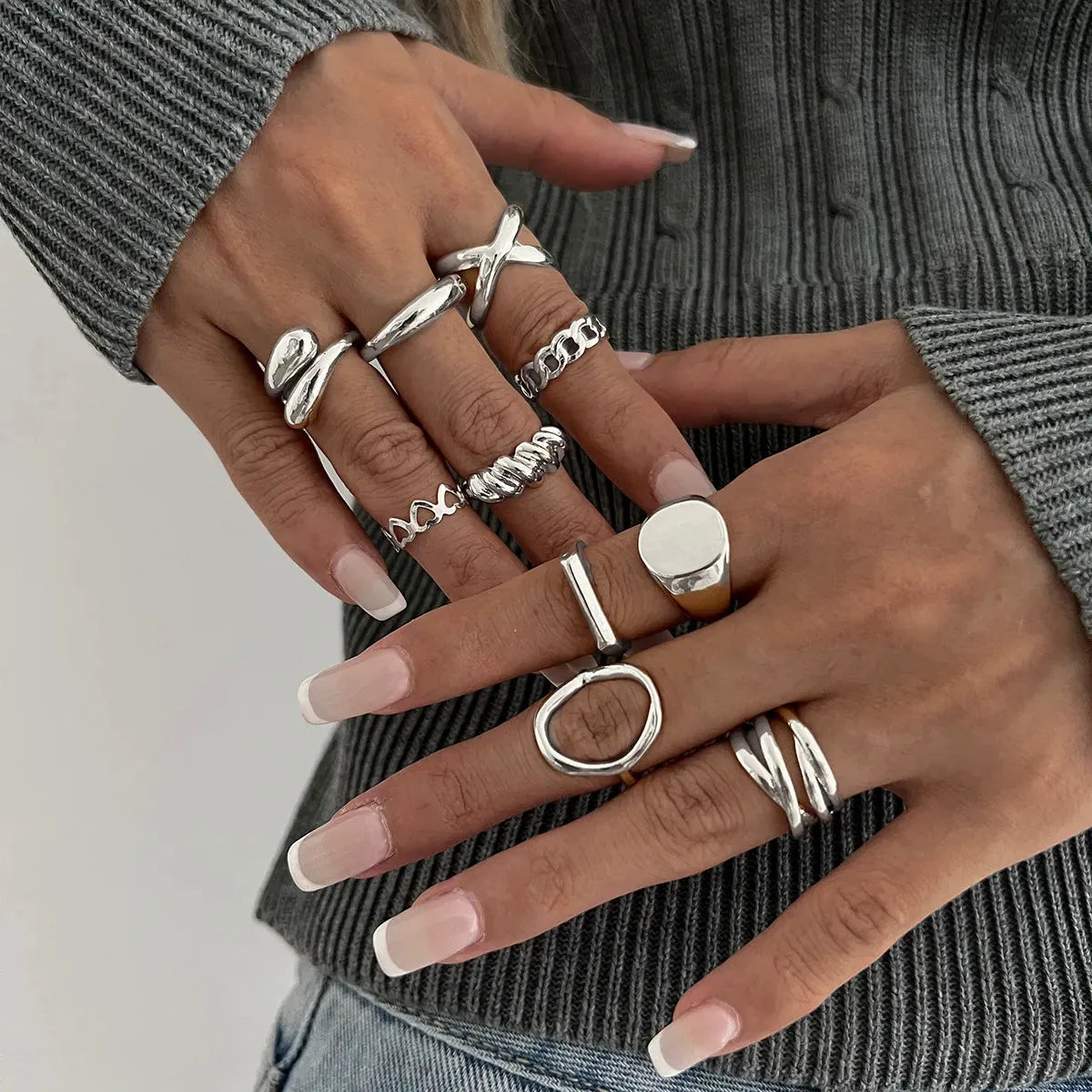 10-Piece Alloy Geometric Ring — square view — Livostyle