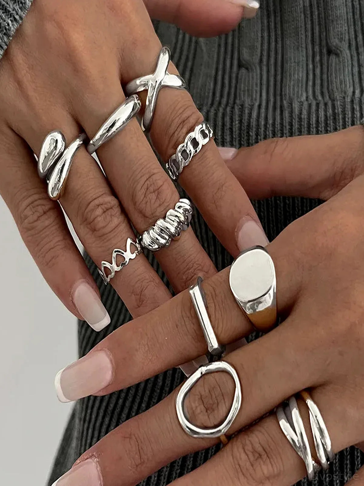 10-Piece Alloy Geometric Ring — detail view — Livostyle