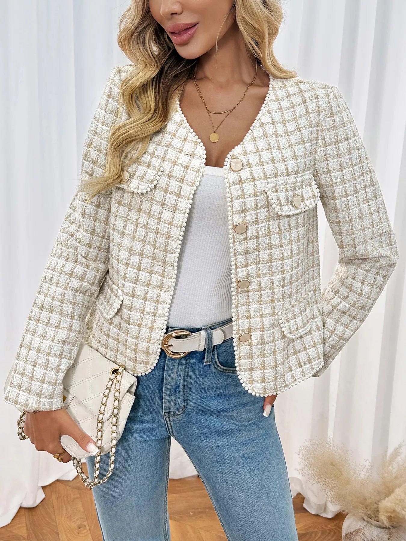 Plaid Button-Front Long Sleeve Outerwear back view — Livostyle