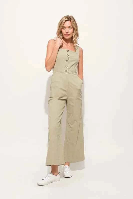 And The Why Square Neck Button Down Cropped Wide Leg Jumpsuit