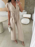Surplice Wide Leg Belted Jumpsuit — Livostyle