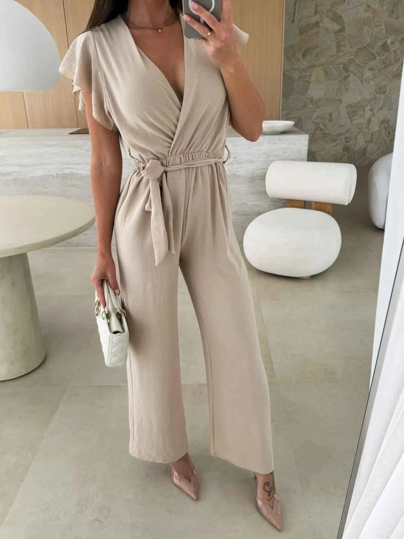 Surplice Wide Leg Belted Jumpsuit — Livostyle