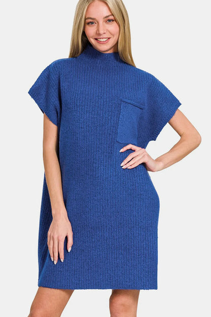 Short Sleeve Ribbed Knit Sweater Mini Dress in Navy