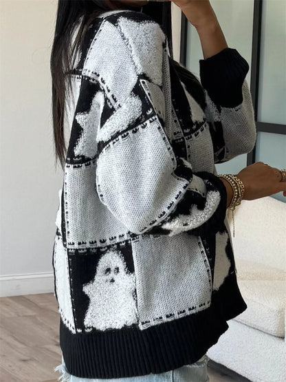 Halloween Ghost Checkered Drop Shoulder Sweater back view — Livostyle
