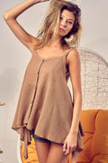 Popcorn Waffle-Knit Cami Top with Buttoned Front