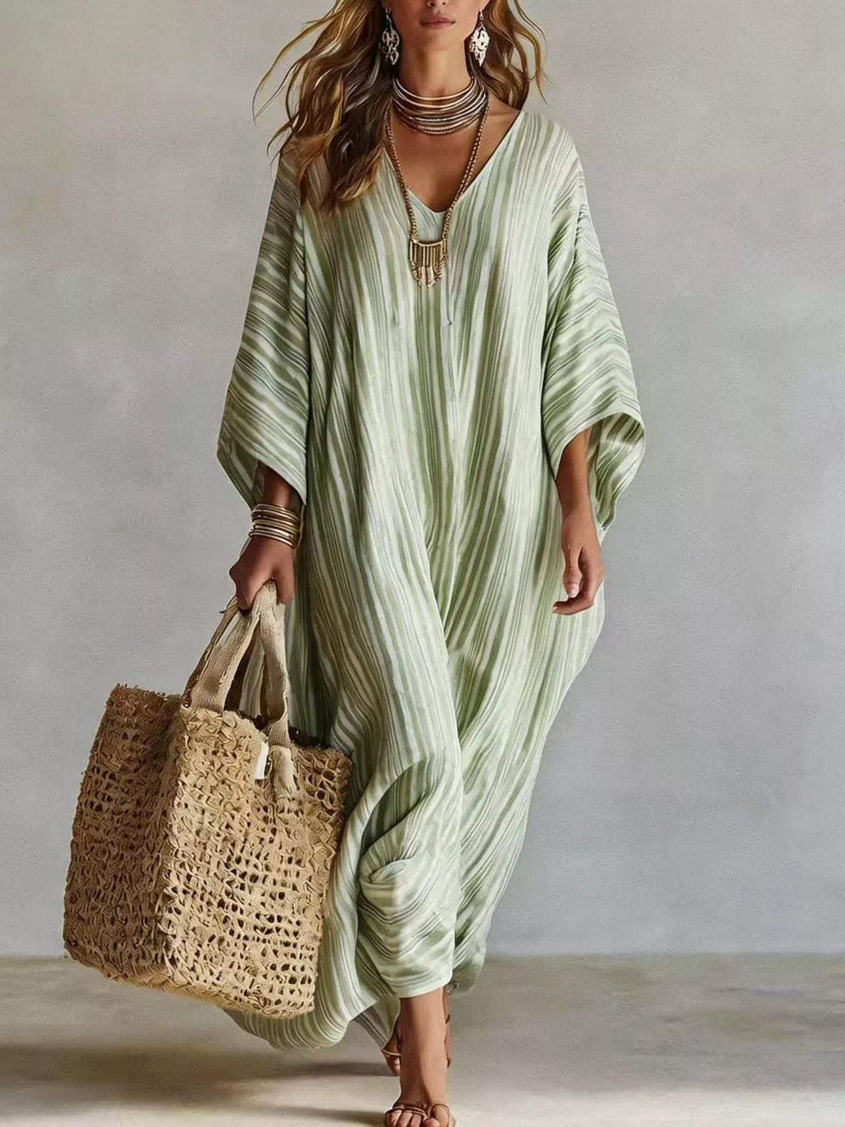 Striped V-Neck Oversized Maxi Dress in Light Green