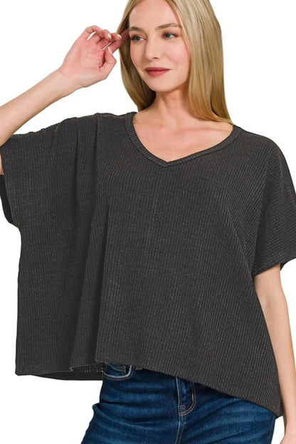 Ribbed V-Neck Short-Sleeve Knit Top in Black — Livostyle