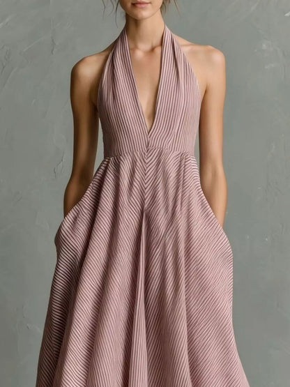 Striped Halter Neck Maxi Dress with Pockets – Plus Size in Dusty Pink