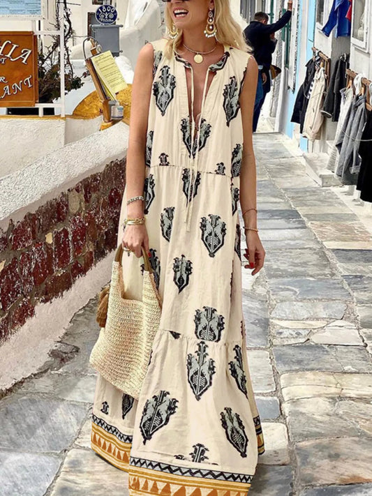 Printed Tiered Sleeveless Maxi Dress in White