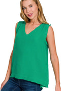 Double Gauze Raw Edge V-Neck Tank in K Green — Livostyle