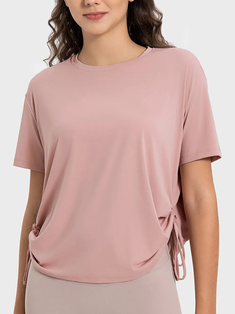 Drawstring Round Neck Short Sleeve Active T-Shirt in Dusty Pink