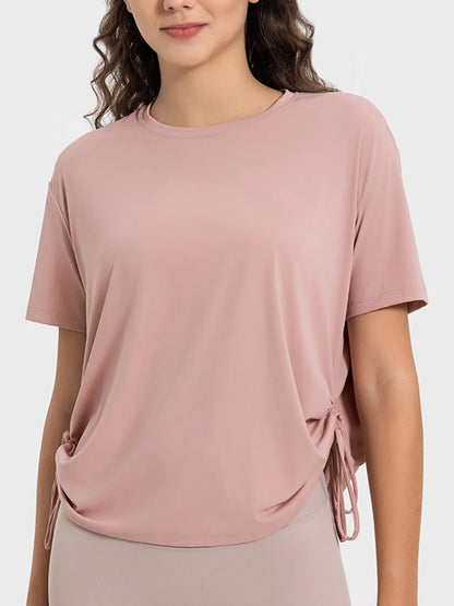 Drawstring Round Neck Short Sleeve Active T-Shirt in Dusty Pink