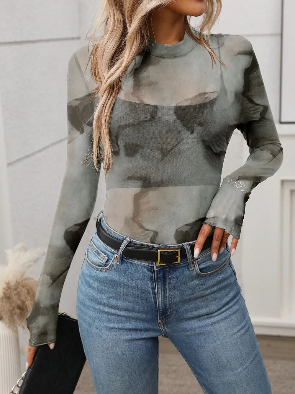 Printed Mock Neck Long Sleeve Mesh T-Shirt back view — Livostyle