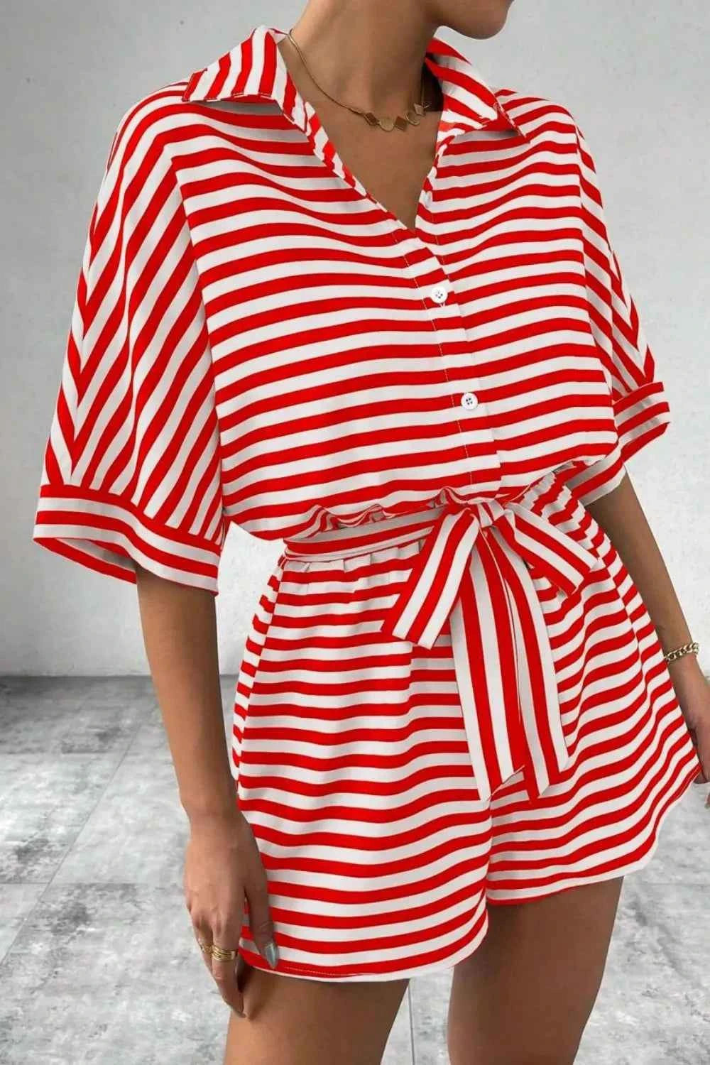 Striped Collared Neck Tie Waist Romper