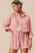 Pink textured knit button-front romper