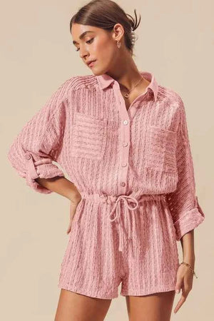 Textured Knit Button Front Romper with Drawstring Waist in Dusty Pink