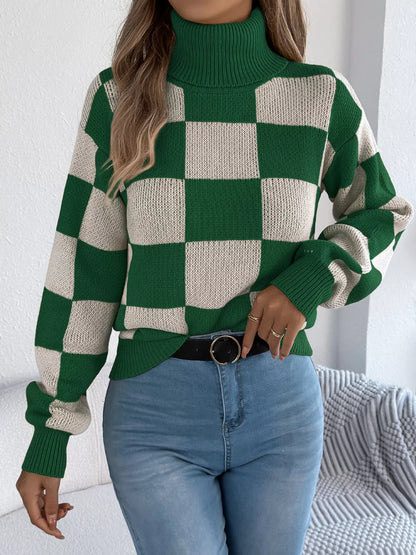 Checkered Turtleneck Long Sleeve Sweater styling — Livostyle