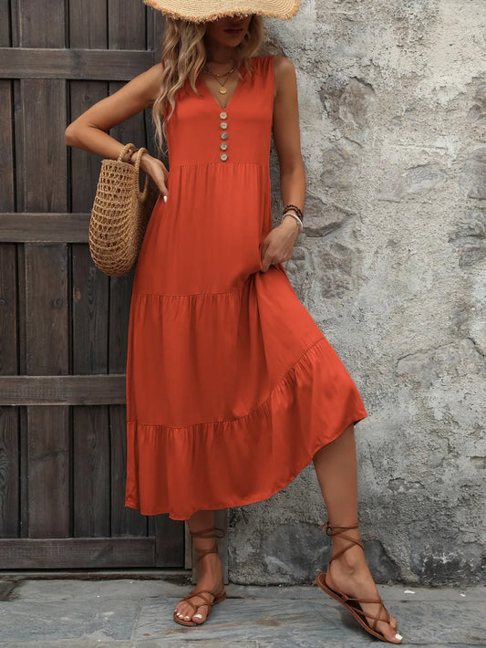 Decorative Button Notched Neck Sleeveless Cotton Dress in Orange-Red