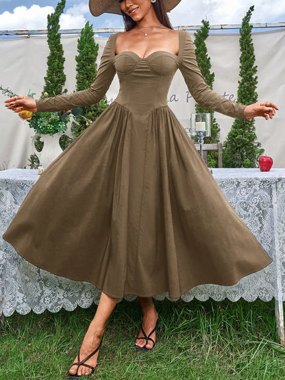 Sweetheart Neckline Long Sleeve A-Line Midi Dress – photo 11