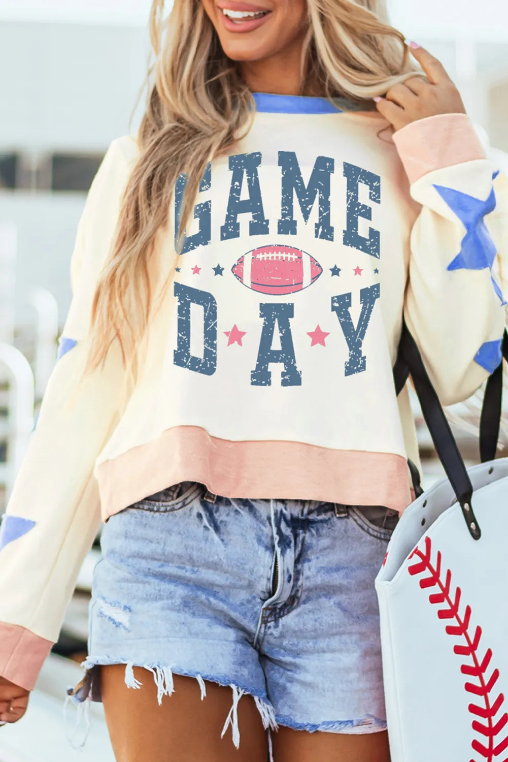 GAME DAY Star Patch Round Neck Long Sleeve Sweatshirt — Livostyle