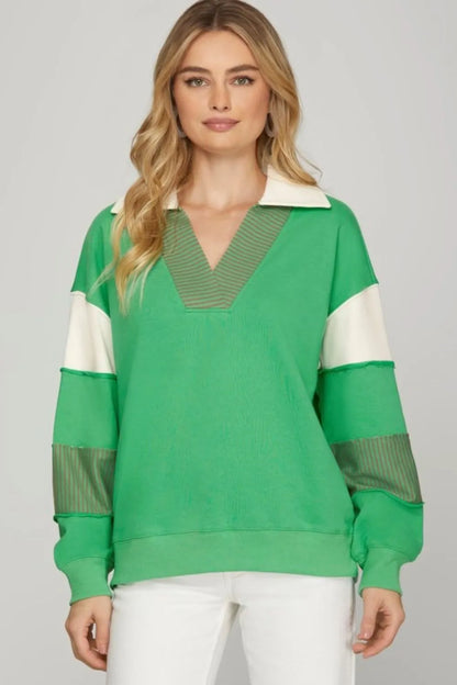 Color Block Sleeve Johnny Collar French Terry Sweatshirt — Livostyle
