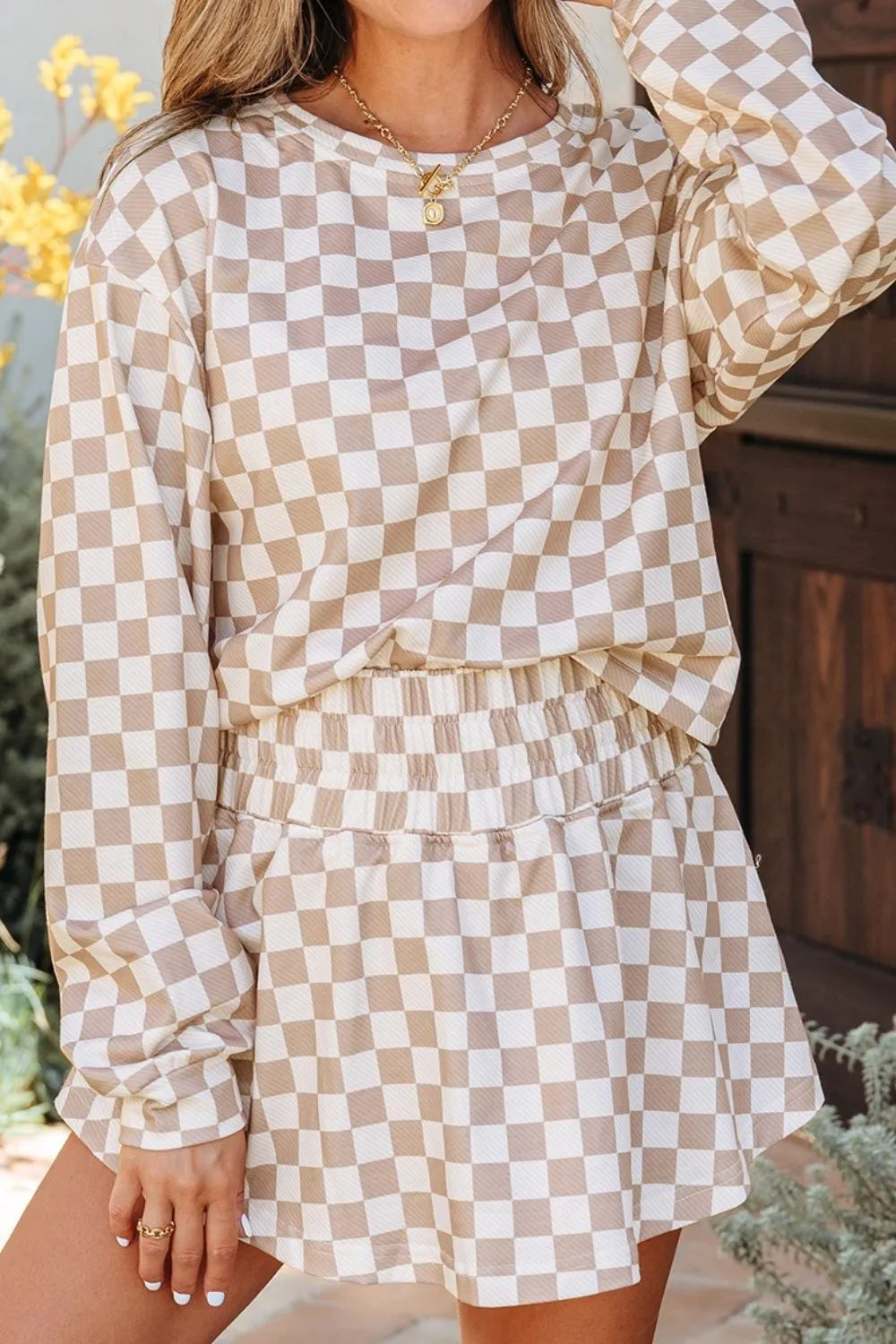 Checkered Long Sleeve Top and Skirt Two-Piece Set closeup — Livostyle
