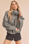 Trendy Half Zip Sweatshirt with Exposed Seams & Pockets in Dark Gray