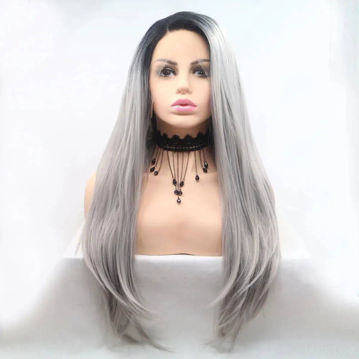 24 Lace Front Synthetic Wig in Silver Ombre, Long Straight — square view — Livostyle