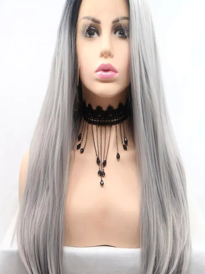 24 Lace Front Synthetic Wig in Silver Ombre, Long Straight — detail view — Livostyle