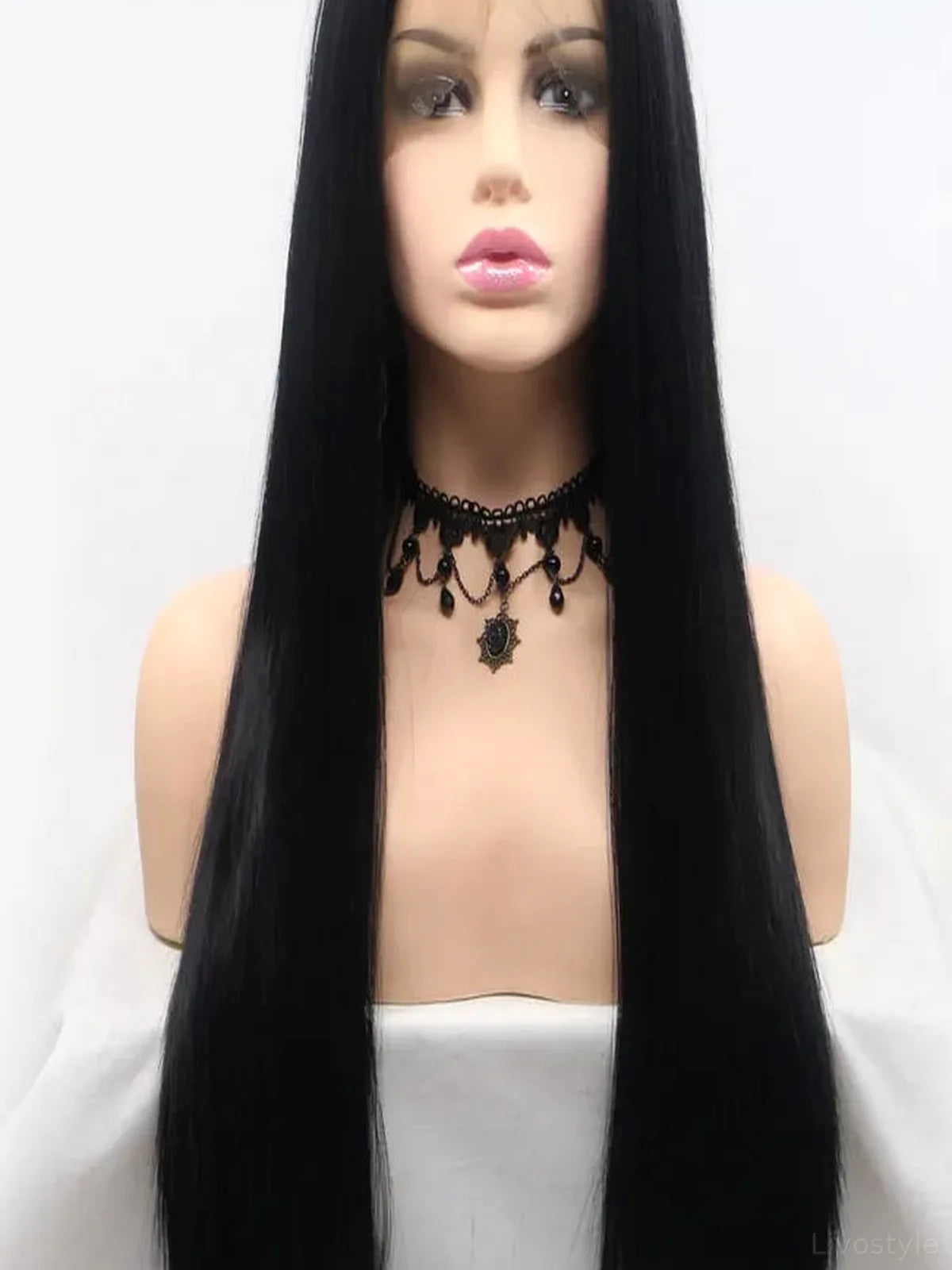 24 Lace Front Synthetic Wig in Black, Long Straight — detail view — Livostyle