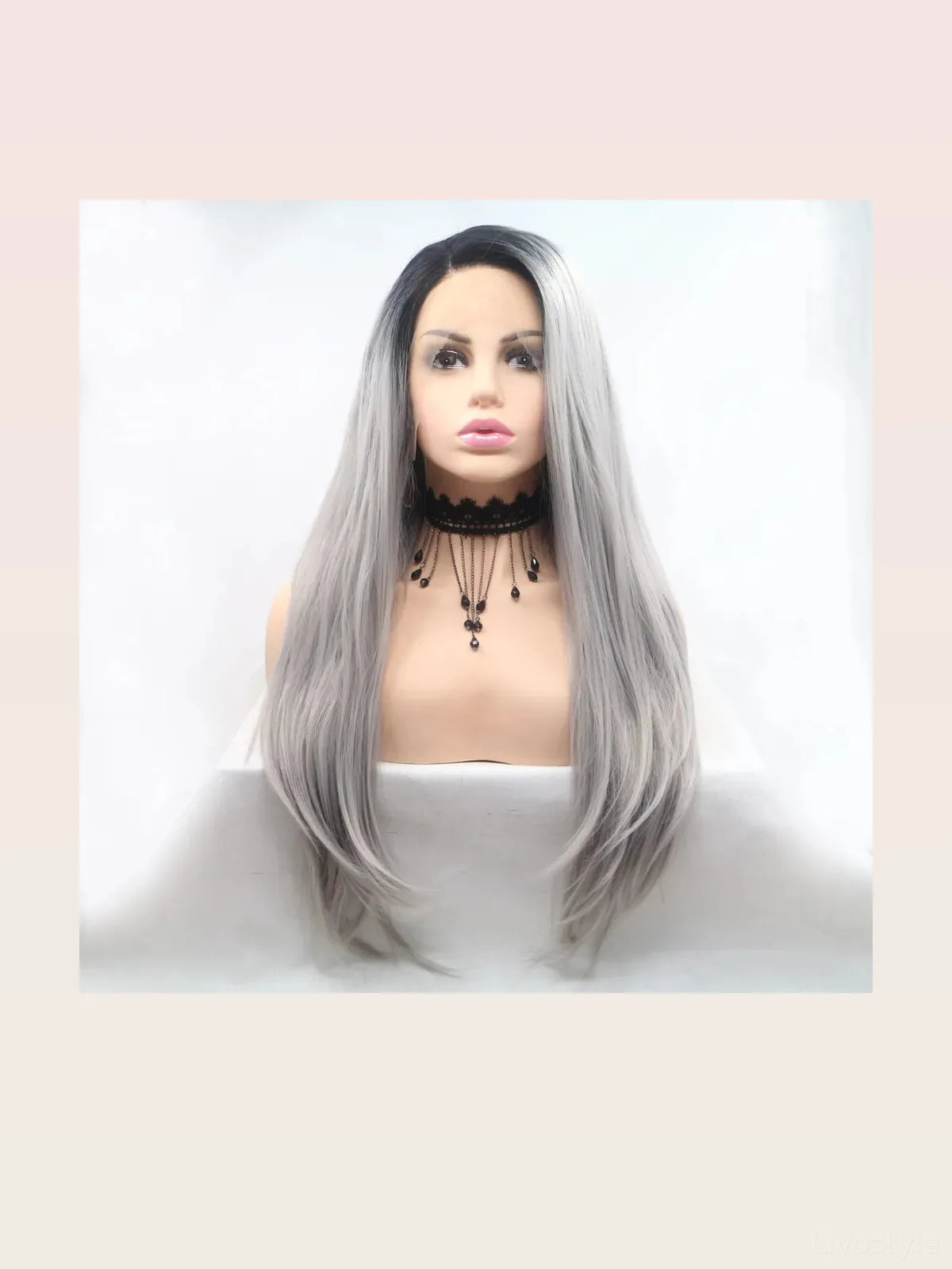 24 Lace Front Synthetic Wig in Silver Ombre, Long Straight — styled showcase — Livostyle