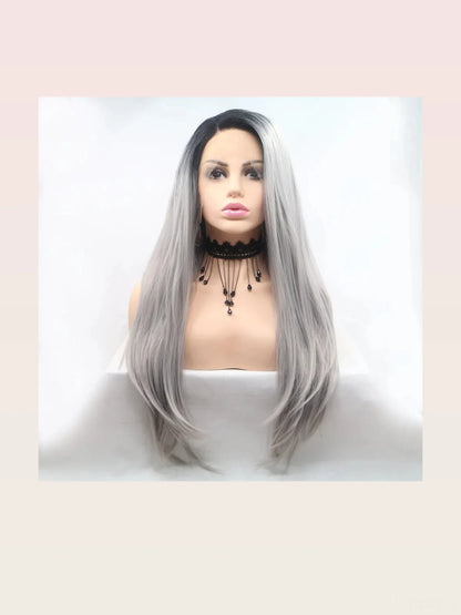 24 Lace Front Synthetic Wig in Silver Ombre, Long Straight — styled showcase — Livostyle