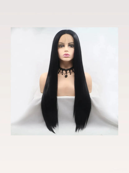24 Lace Front Synthetic Wig in Black, Long Straight — styled showcase — Livostyle