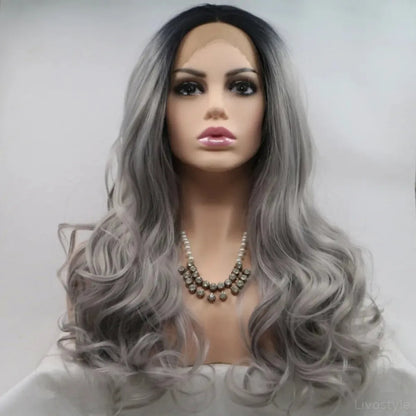 24 Lace Front Synthetic Wig in Grey Ombre, Long Wavy — square view — Livostyle